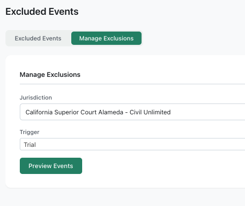 Excluded Events page with the management tab visible