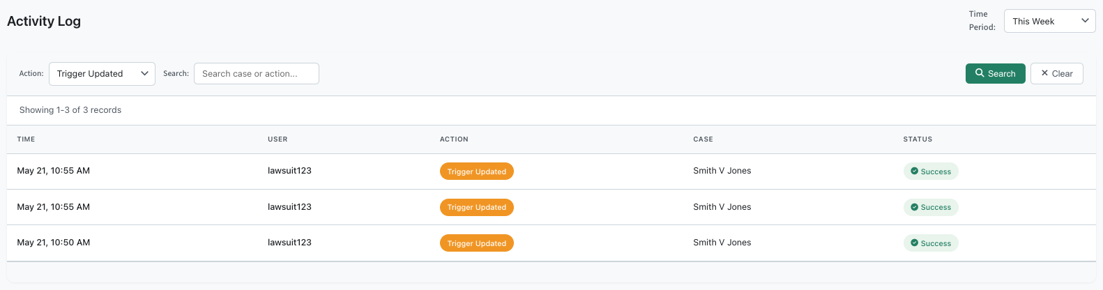 Activity Log page with filtered results