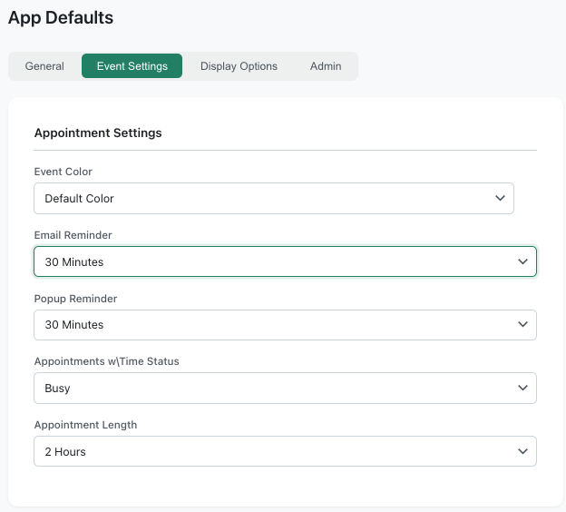 App Defaults page with the reminder fields visible