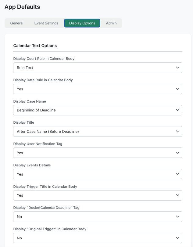 App Defaults page with display options visible
