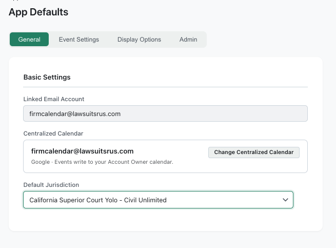 App Defaults page with Default Jurisdiction highlighted