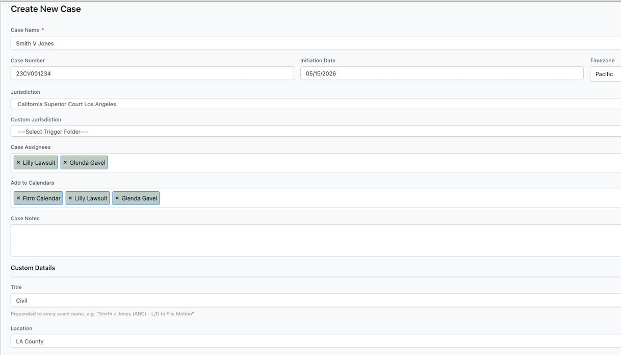 Create New Case page with the form filled in