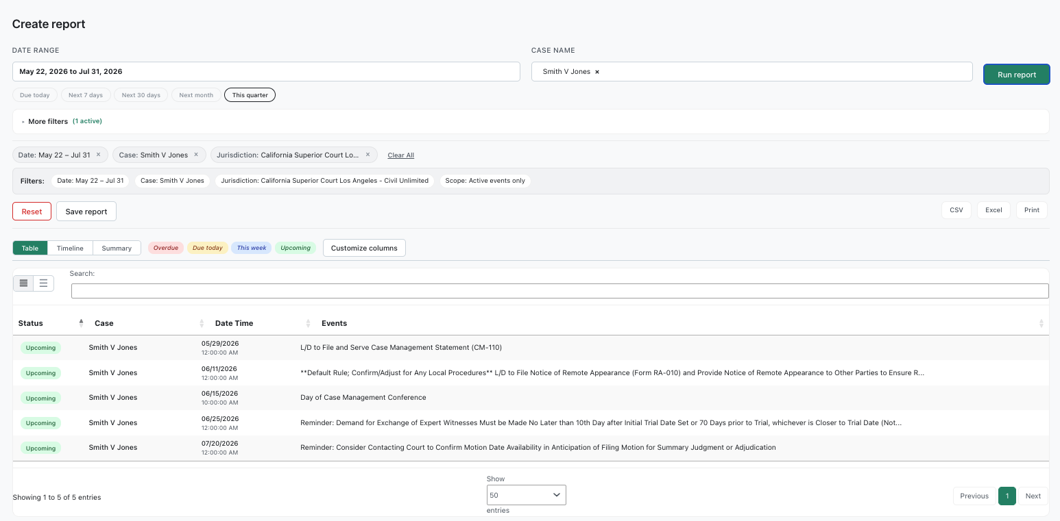 Create Report page with filters set and results showing