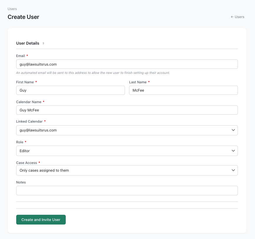 Create New User page with the form visible