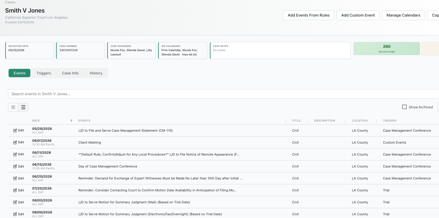 Dashboard with a case loaded and several events visible — hero shot that shows the app at a glance